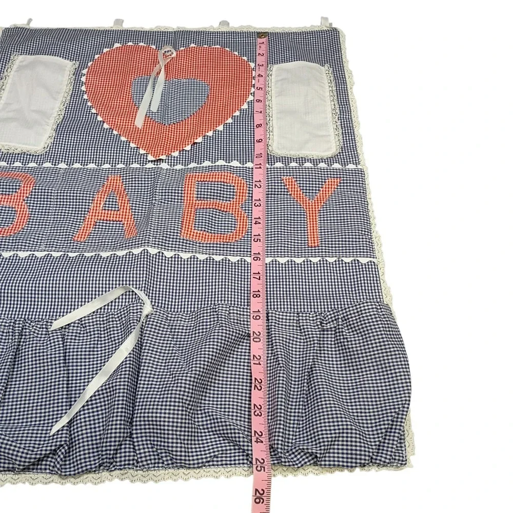 Vintage Handmade Blue & Red Gingham Baby‎ 8 Pocket Wall Organizer Heart 80s